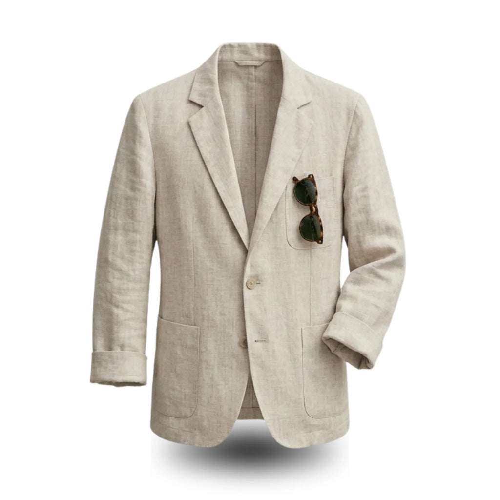 Beige linen blazer with sunglasses in pocket, lightweight summer jacket for men