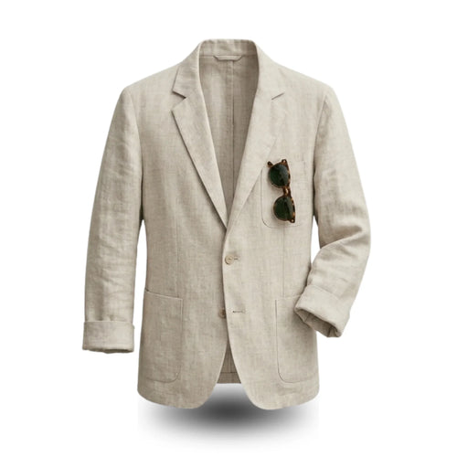 Beige linen blazer with sunglasses in pocket, lightweight summer jacket for men