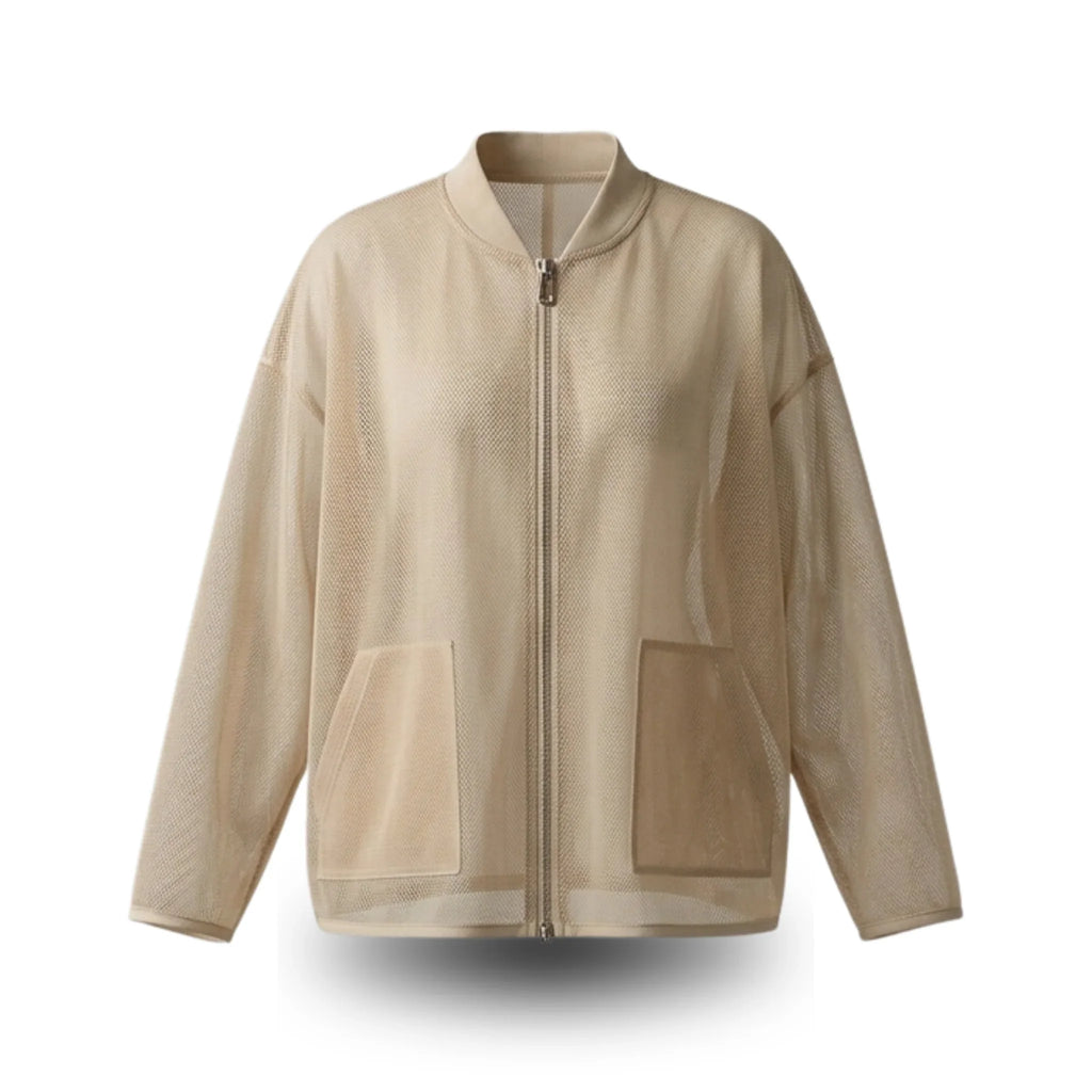 Beige breathable mesh zip-up jacket with front pockets, lightweight and airy for active wear