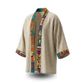 Beige kimono-style robe with colorful tiger, rocket, and cassette tape print on collar and cuffs