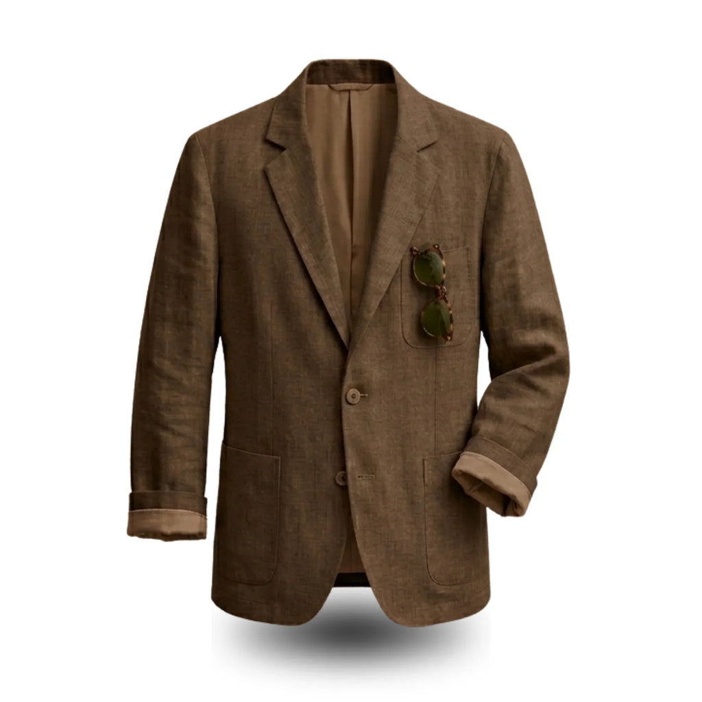 Brown linen men's blazer with rolled sleeves, sunglasses in pocket, lightweight casual style