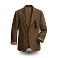 Brown linen men's blazer with rolled sleeves, sunglasses in pocket, lightweight casual style