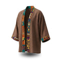 Brown kimono-style robe with colorful graphic print featuring tigers, rockets, and retro patterns