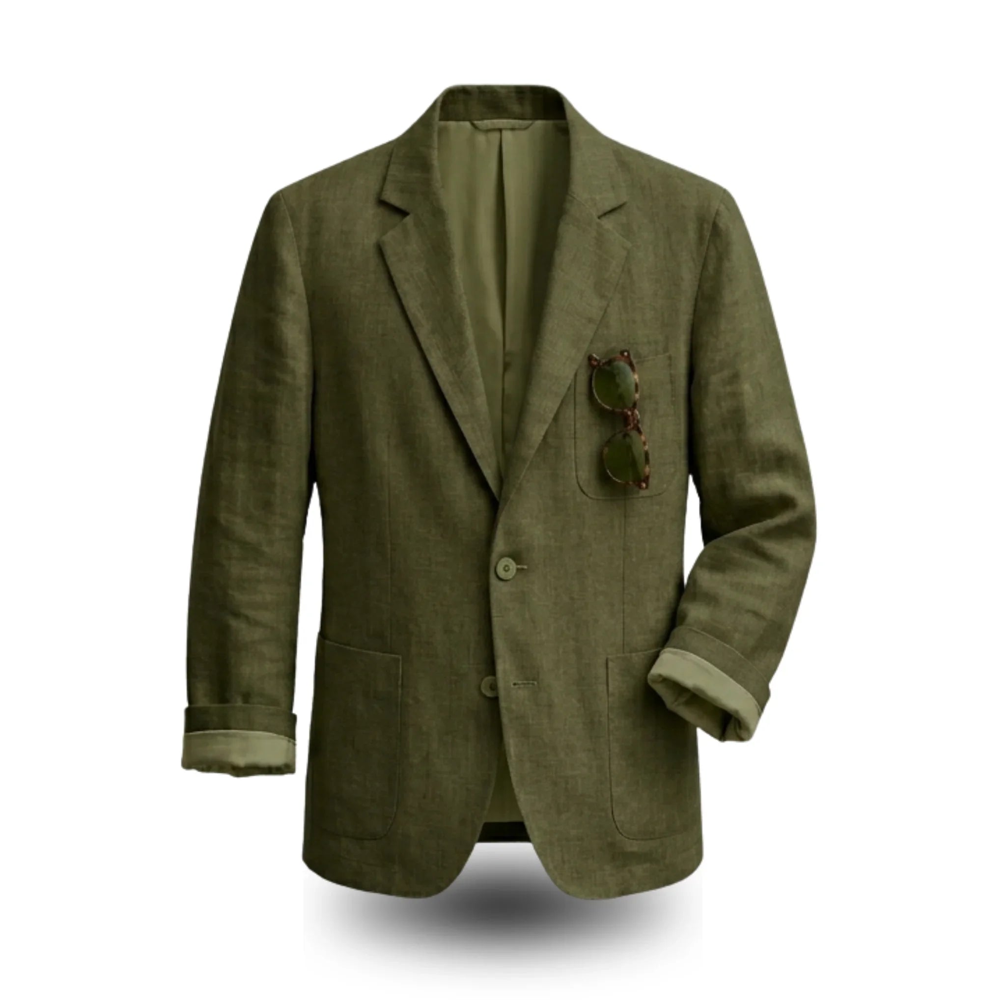 Olive green linen blazer with rolled sleeves and sunglasses in pocket, lightweight summer jacket