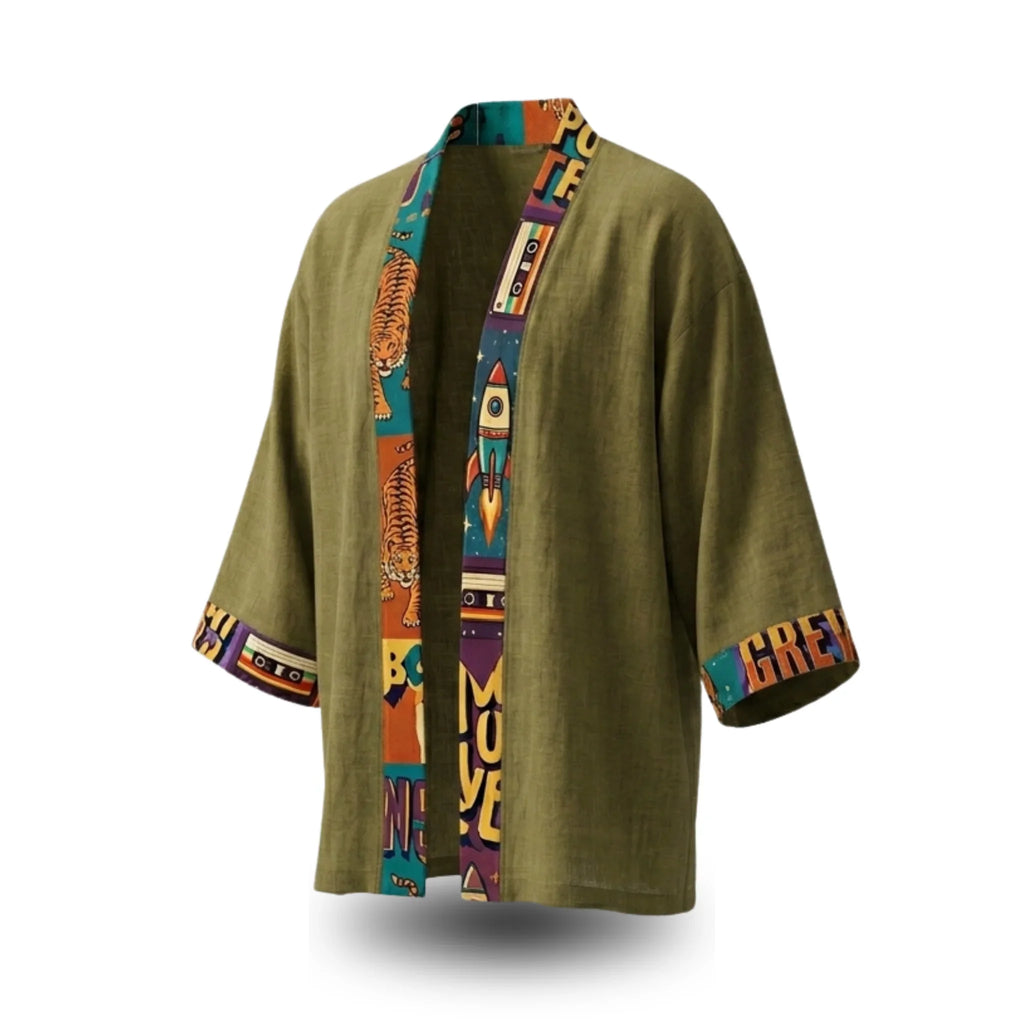 Olive green kimono with colorful tiger, rocket, and retro graphic print on collar and cuffs