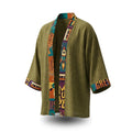 Olive green kimono with colorful tiger, rocket, and retro graphic print on collar and cuffs